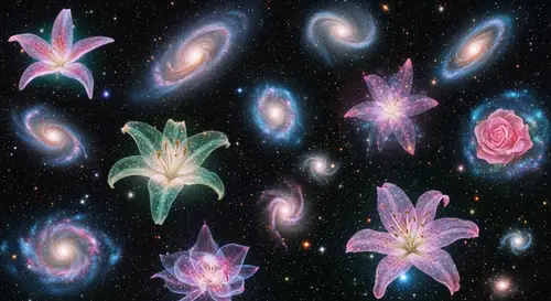 Spring-Themed Cosmic Scene: Galaxies as Floral Patterns