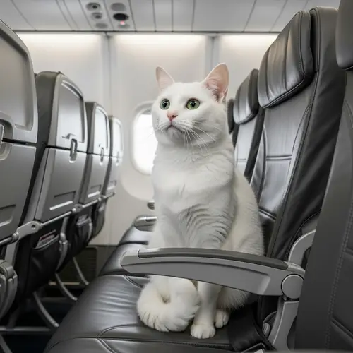 White Cat Relaxing on Airplane | Modern Interior View