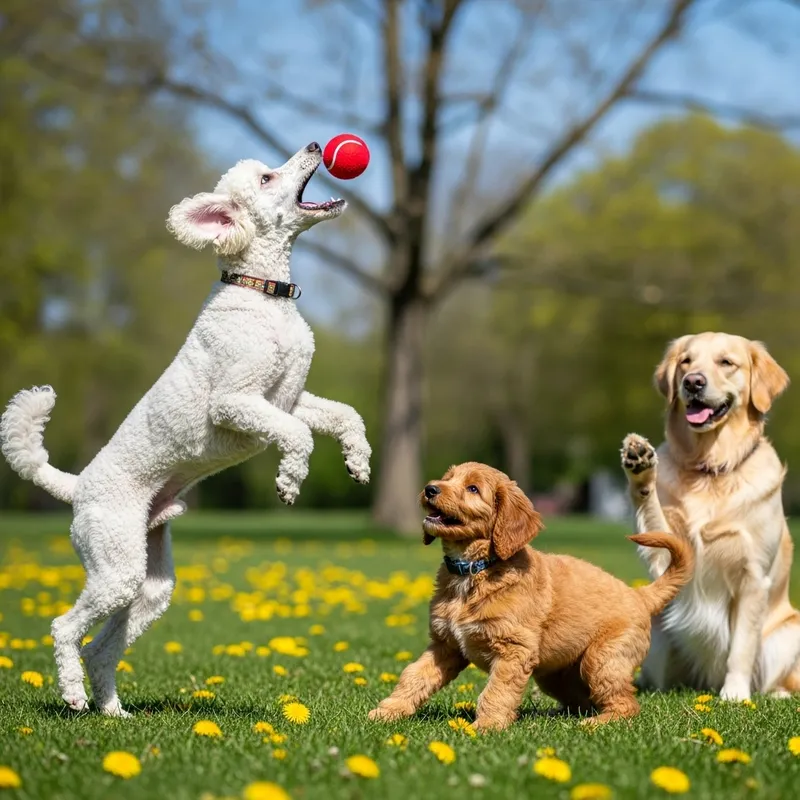 French Poodle and Golden Doodle Playing Ball