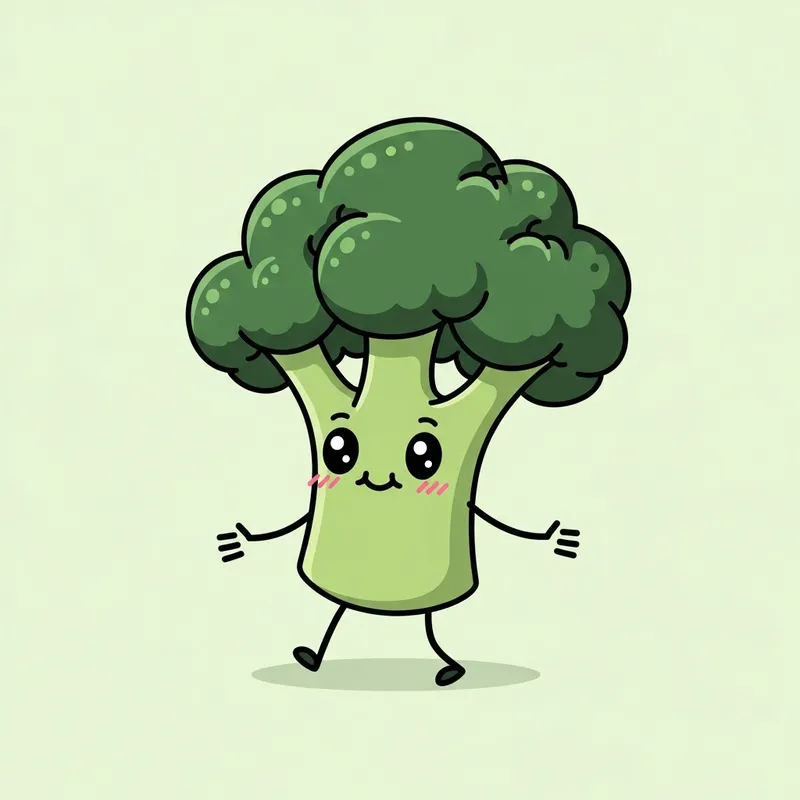 Cute Cartoon Broccoli with Tiny Black Lines Illustration