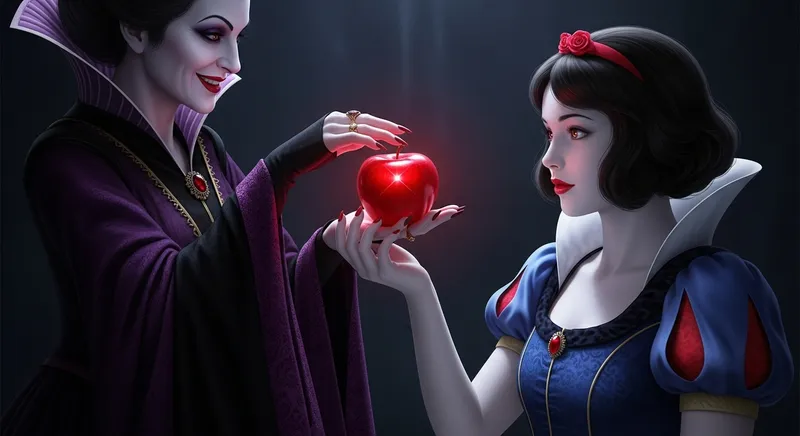 Enchanting Scene of Wicked Queen Offering Glossy Red Apple Enchanting Scene of Wicked Queen Offering Glossy Red Apple