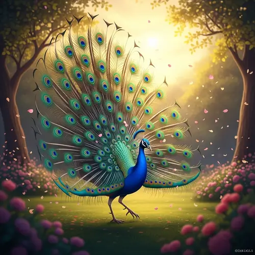 Majestic Peacock Dance in Sunrise Garden