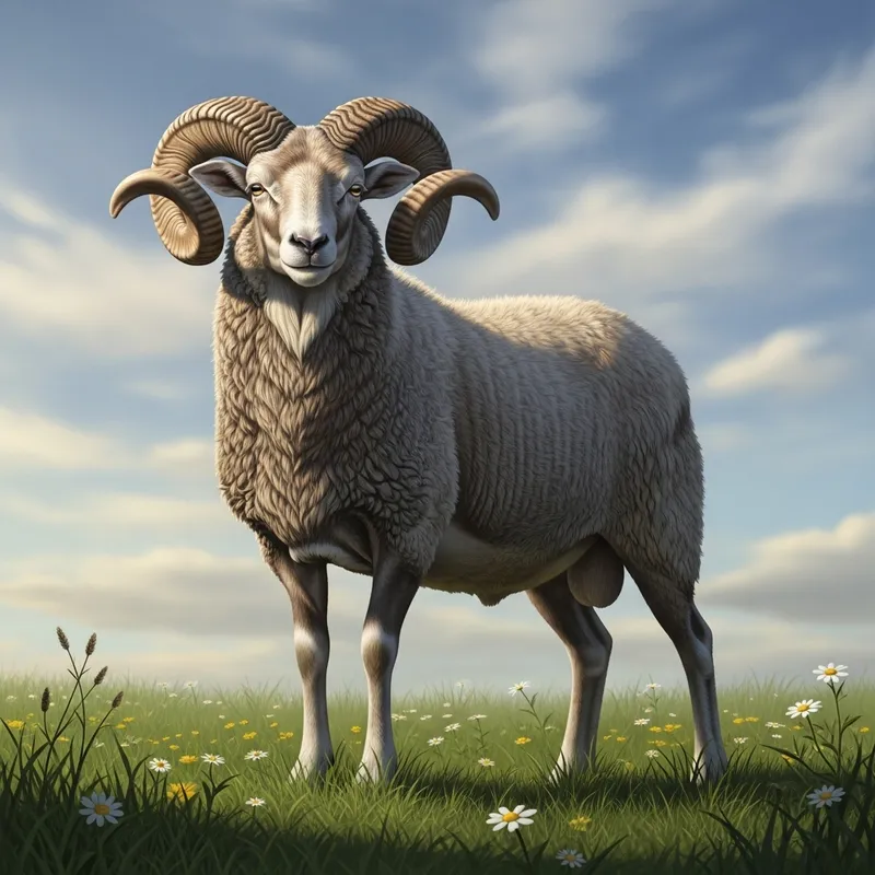Majestic Ram in Meadow with Curly Horns | Wildlife Art