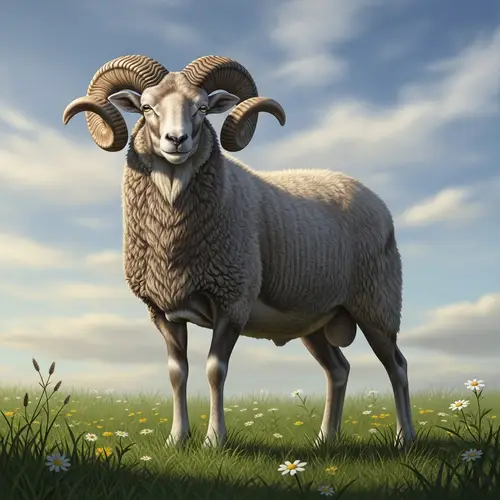 Majestic Ram Standing in Meadow with Curly Horns | Wildlife Art