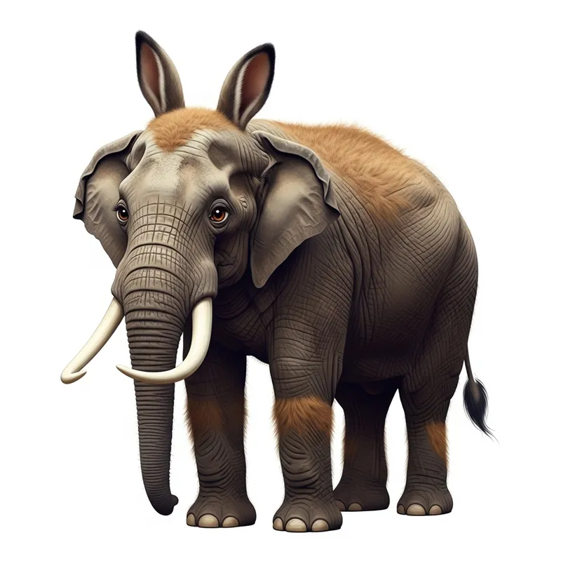Unique Elephant Hybrid Creature with Mammoth Tusks and Rabbit Tail