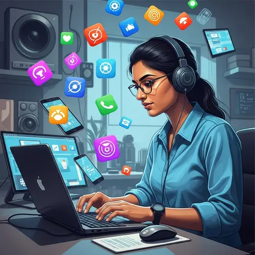South Asian Female Developer Digital Painting | Vibrant Apps Illustration