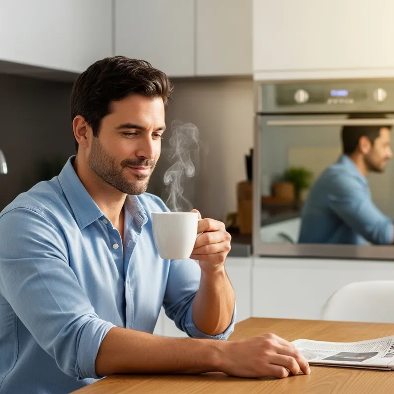 Charming Middle-Aged Man Drinking Coffee in Kitchen