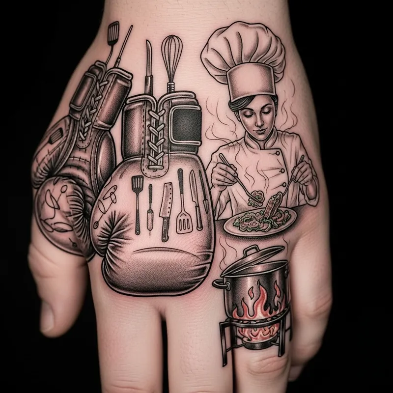 Unique Hand Tattoo Design: Boxing Meets Culinary Arts