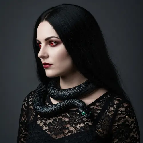 Ethereal Woman in Black Lace Dress with Red Eyes | Unique Accessory
