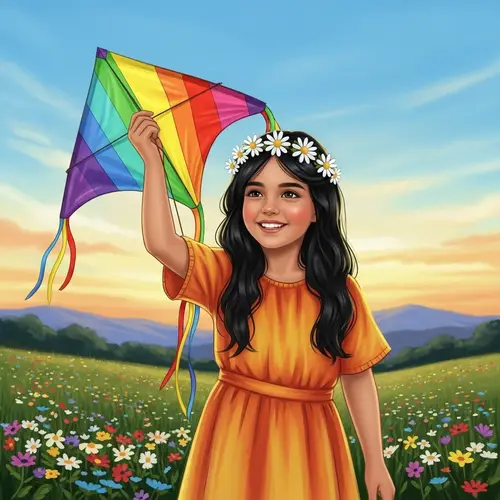 Young Middle-Eastern Female with Rainbow Kite - Joyful Meadow Scene