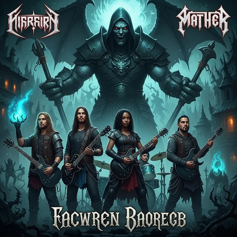 Epic Medieval Fantasy Album Cover with Metal Musicians & Giant Villain