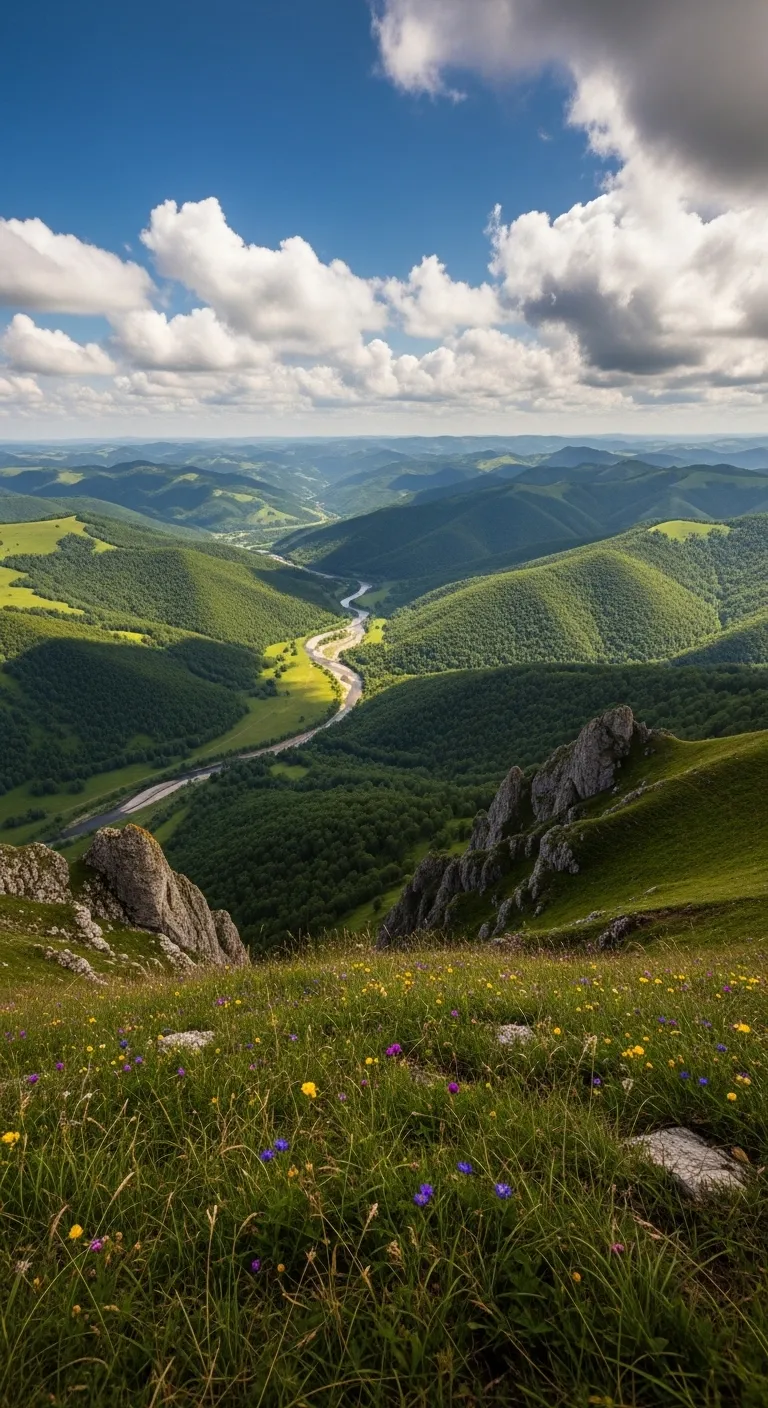 Stunning Mountain Landscape: Rolling Hills & Sparkling River