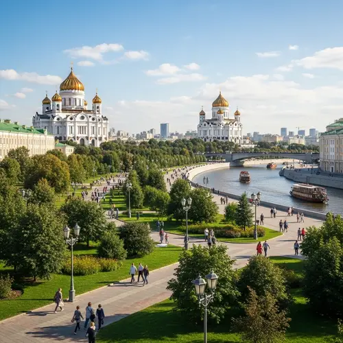 Tranquil Day in Moscow: Serene Park, Majestic Cathedral, and River Views