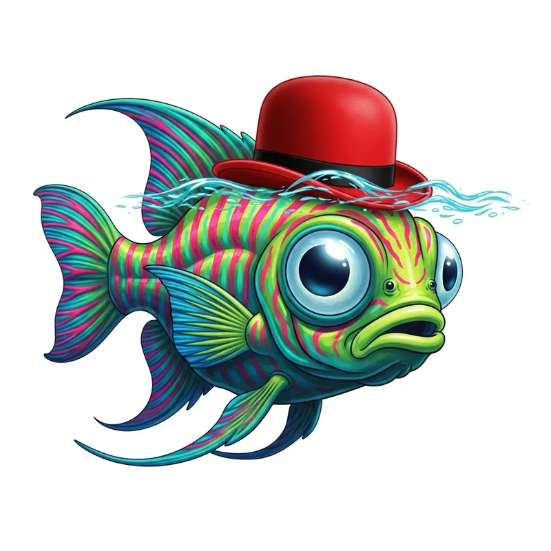 Alien Fish in Neon Colors with a Stylish Hat