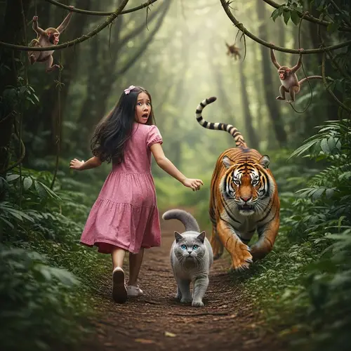 Scared Girl and Cat Fleeing from Tiger in Hyperrealistic Jungle Scene