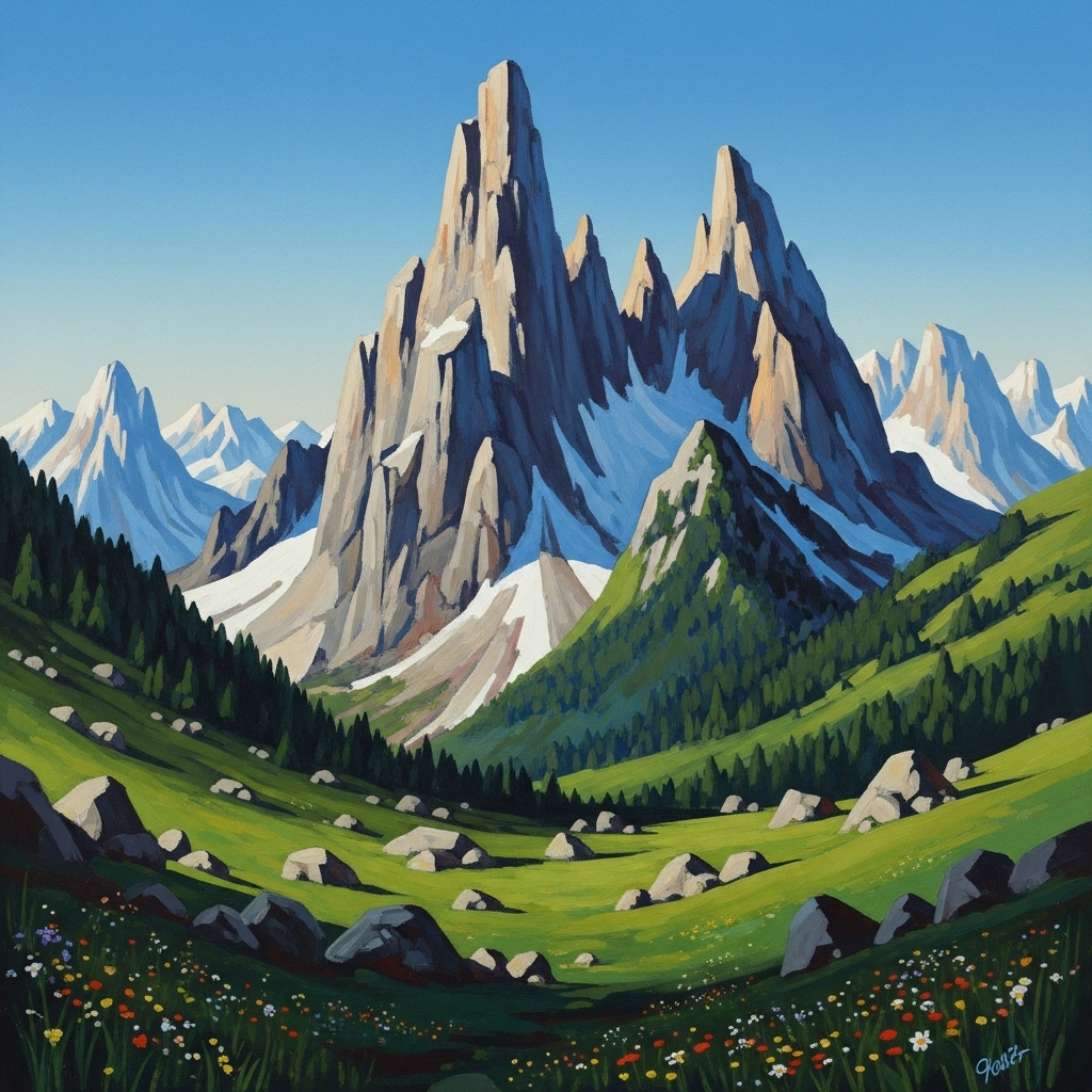 絵画 Mountain Landscape Swiss Mountain Landscape Oil Painting: Original Impasto Art