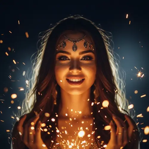 Smiling Sorceress: 8K Cinematic Image with Dark Hair & Glowing Sparks