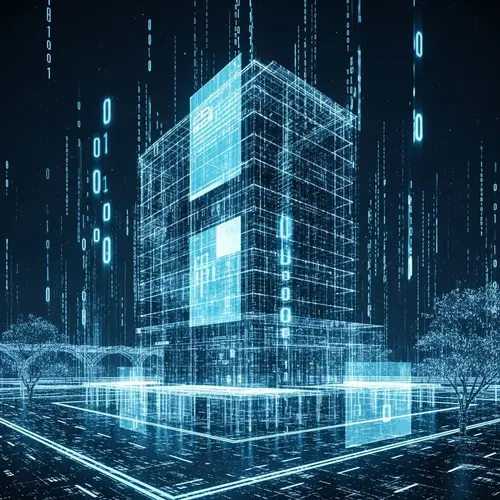 Futuristic Electronic Building with Glowing Grid and Digital Elements