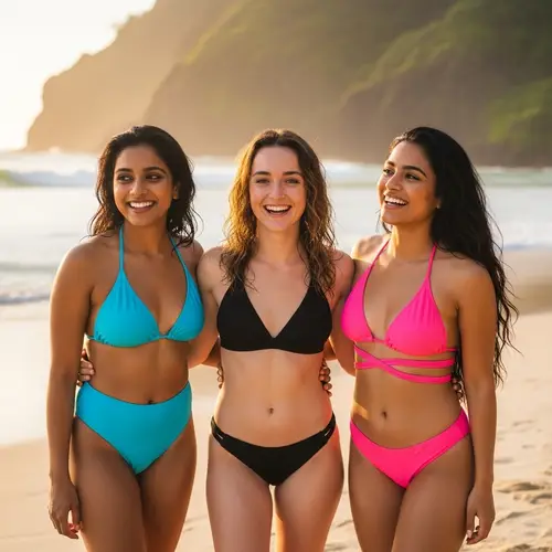 Diverse Women in Colorful Bikinis on Tropical Beach