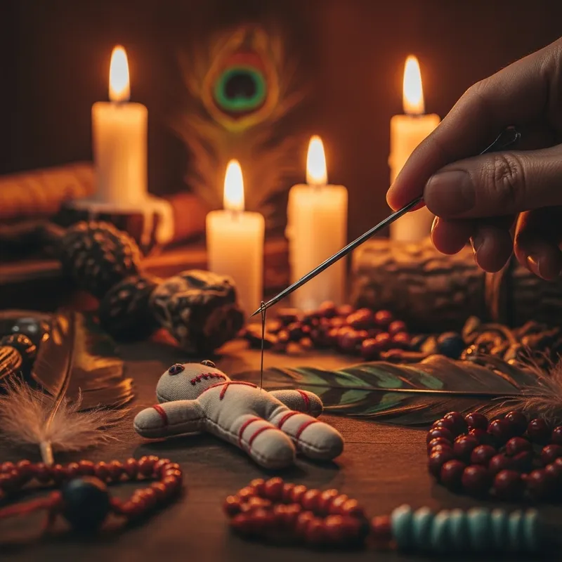 Enigmatic Voodoo Ritual: Doll, Needle & Mystical Elements