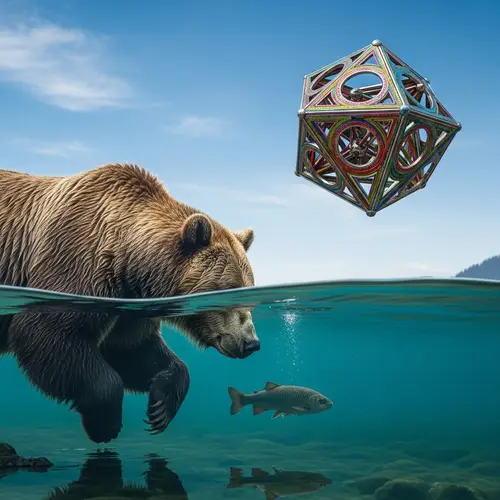 Majestic Grizzly Bear Fishing in Clear Water | Colorful Geometric Relic
