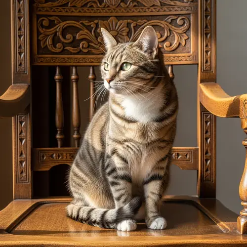 Graceful Tabby Cat Sitting on Antique Wooden Chair