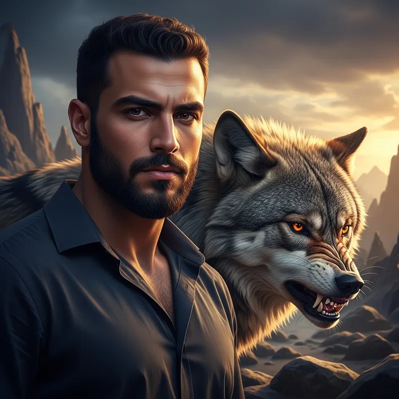 30-Year-Old Man with Oval Face and Angry Wolf