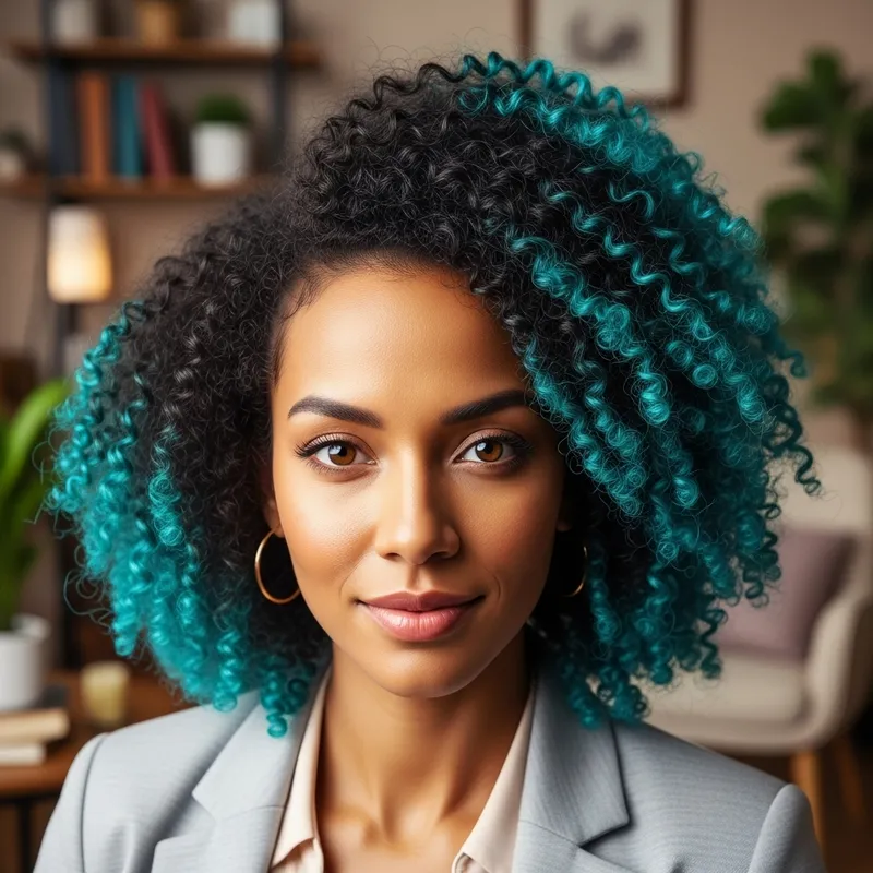 Mulatto Psychologist with Dark Brown 4B Hair - Afro-Textured with Teal-Tipped Ends Mulatto Psychologist with Dark Brown 4B Hair - Afro-Textured with Teal-Tipped Ends