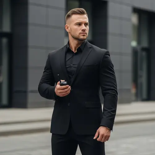 Professional Caucasian Bodyguard in Sharp Black Suit