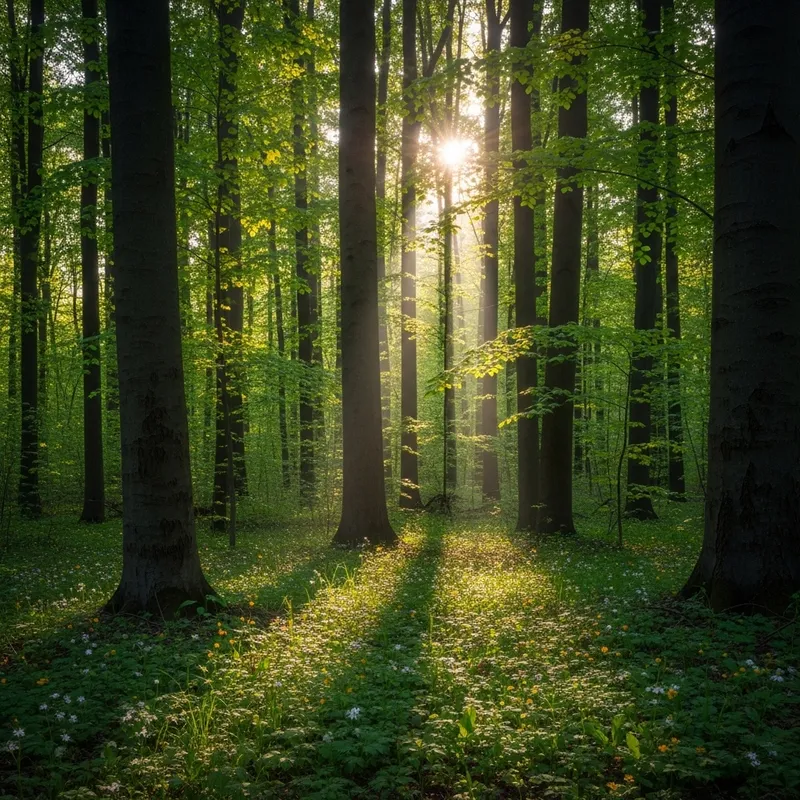 Tranquil Spring Forest in Ukraine: Serene Sunlit Scene with Delicate Flowers