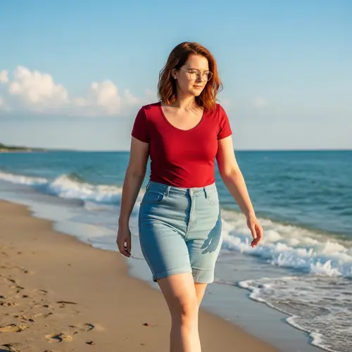 Redhead Woman in 20s with Glasses Strolling on Beach