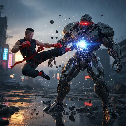 Chinese Kickboxing Fighter vs. Rebellious Robot Battle