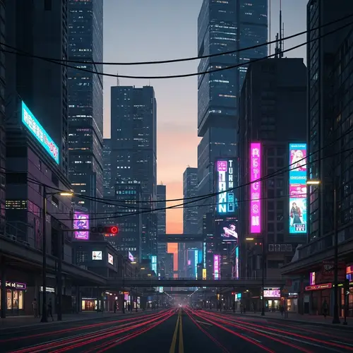 Cyberpunk Cityscape at Sunset: Futuristic Neon-Lit Skyscrapers