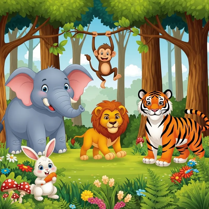 Vibrant Cartoon Forest with Adorable Animals
