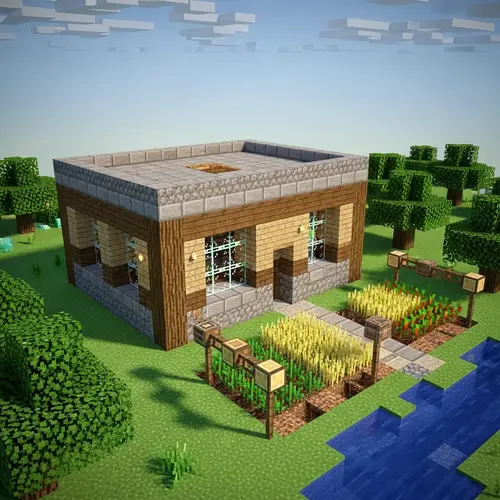 Blocky Minecraft-style House with Pixelated Farm Plots