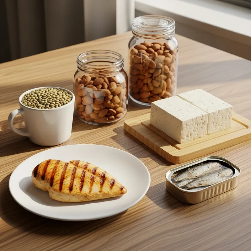 Protein Sources on Wooden Table - Delicious Ingredients Displayed Protein Sources on Wooden Table - Delicious Ingredients Displayed