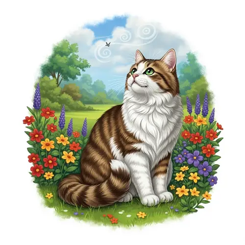 Domestic Cat Enjoying Peaceful Garden with Blooming Flowers