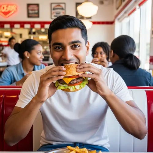 Joyful Man with Hamburger in Retro Diner