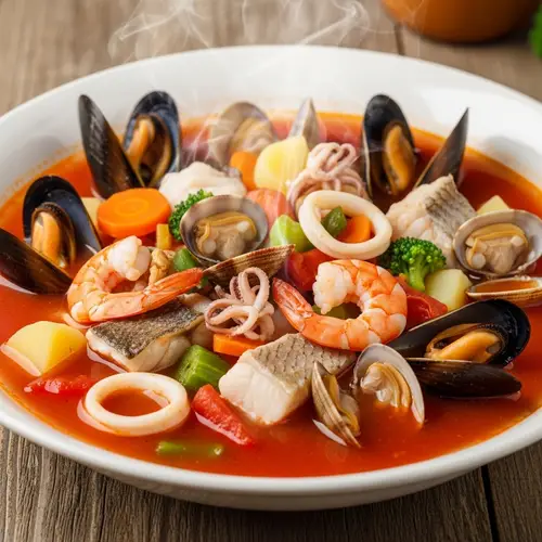 Delicious Seafood Soup with Fresh Ingredients | Rustic Wooden Table