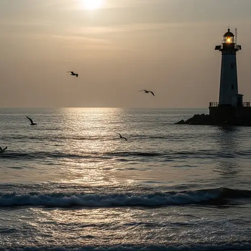 Tranquil Maritime Scene at Dusk | Lighthouse Glow on Calm Sea