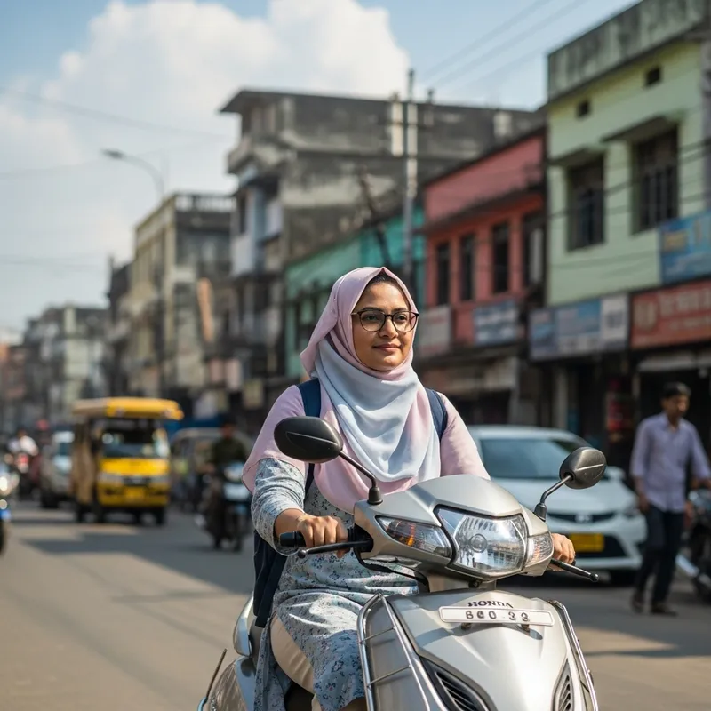 South Asian Woman Teacher Riding Motorbike - Multicultural Educator in Hijab and Glasses
