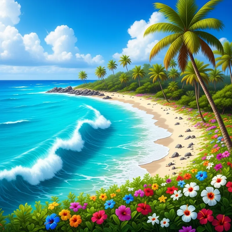 Tropical Island: Vibrant Waves, Sandy Shores & Lush Greenery