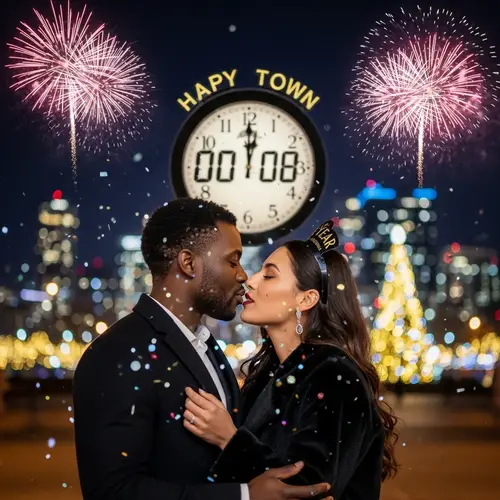 New Year's Kiss under Fireworks | Urban Winter Night Scene