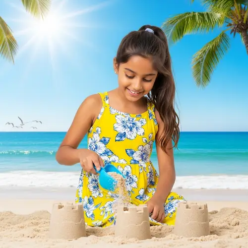 Young South Asian Girl Making Sandcastle at Beach