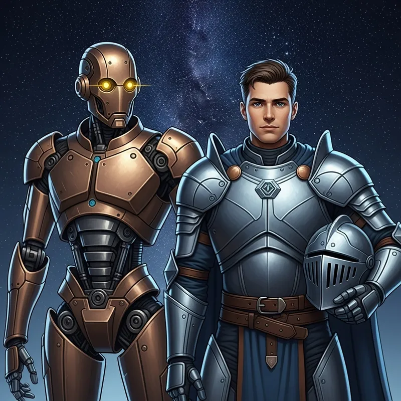 Futuristic Knight and Android Friendship Art