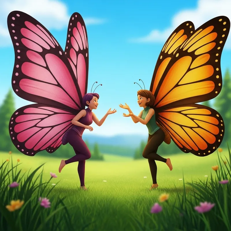 Human Pink Butterfly Engages in Cheerful Conversation with Human Orange Butterfly