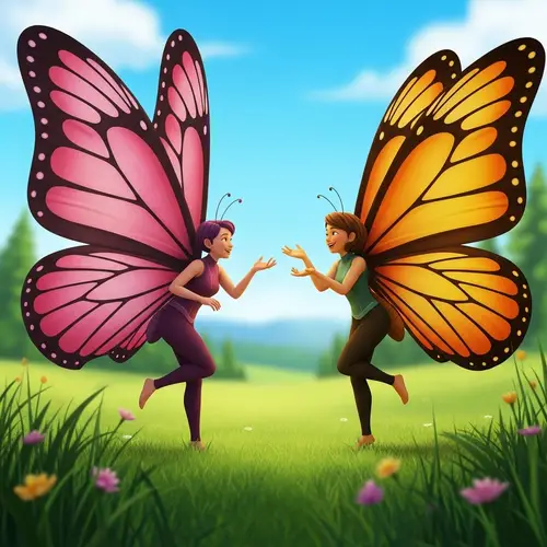 Vibrant Humanoid Butterfly Conversation in Lush Meadow