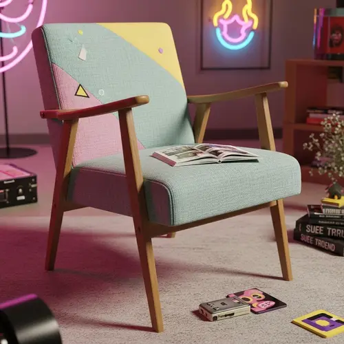 Vintage 90s Inspired Wooden Chair with Pastel Geometric Patterns