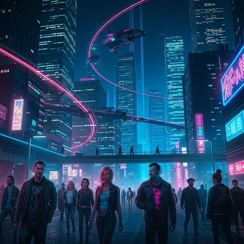 LEO999, Futuristic Cyberpunk Cityscape with Neon Lights