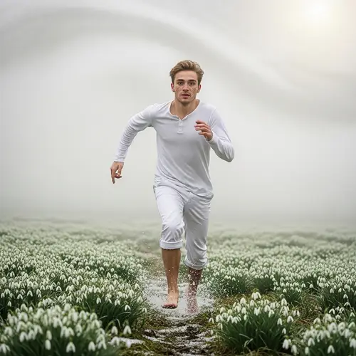 Realistic Painting: Young Man Running in Field of Snowdrops